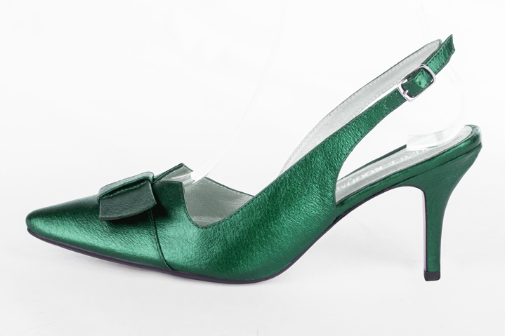 Emerald green women's open back shoes, with a knot. Tapered toe. High slim heel. Profile view - Florence KOOIJMAN